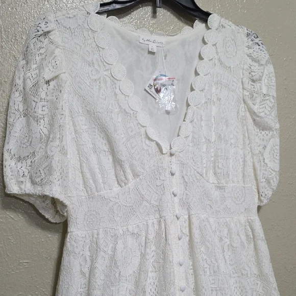By The River Elegant White Lace Dress‎ Midi Casual Wedding Size Large V-neck - Picture 5 of 15